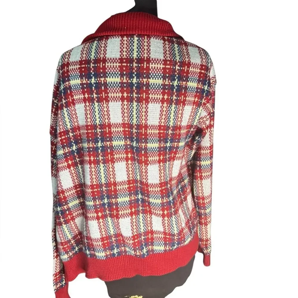 Lands End Cotton Knit Plaid Zip Up Bomber Jacket Cardigan Womens Size M Preppy